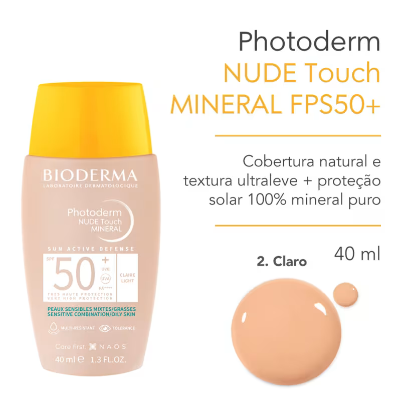 Protetor Solar Facial Bioderma Photoderm Nude Touch FPS 50+ Cor Claro 40ml
