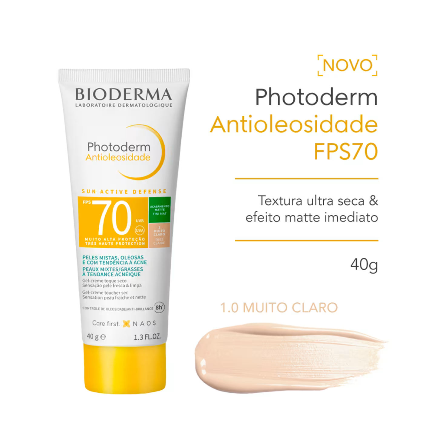 Protetor Solar Facial Bioderma Photoderm Antioleosidade FPS 70 Com Cor Muito Claro 40g