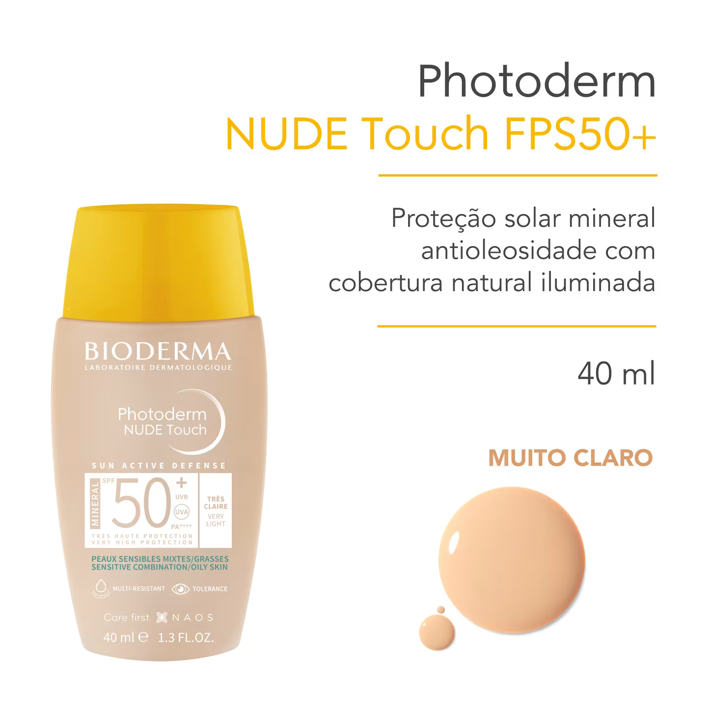 Protetor Solar Facial Bioderma Photoderm Nude Touch FPS 50+ Muito Claro 40ml