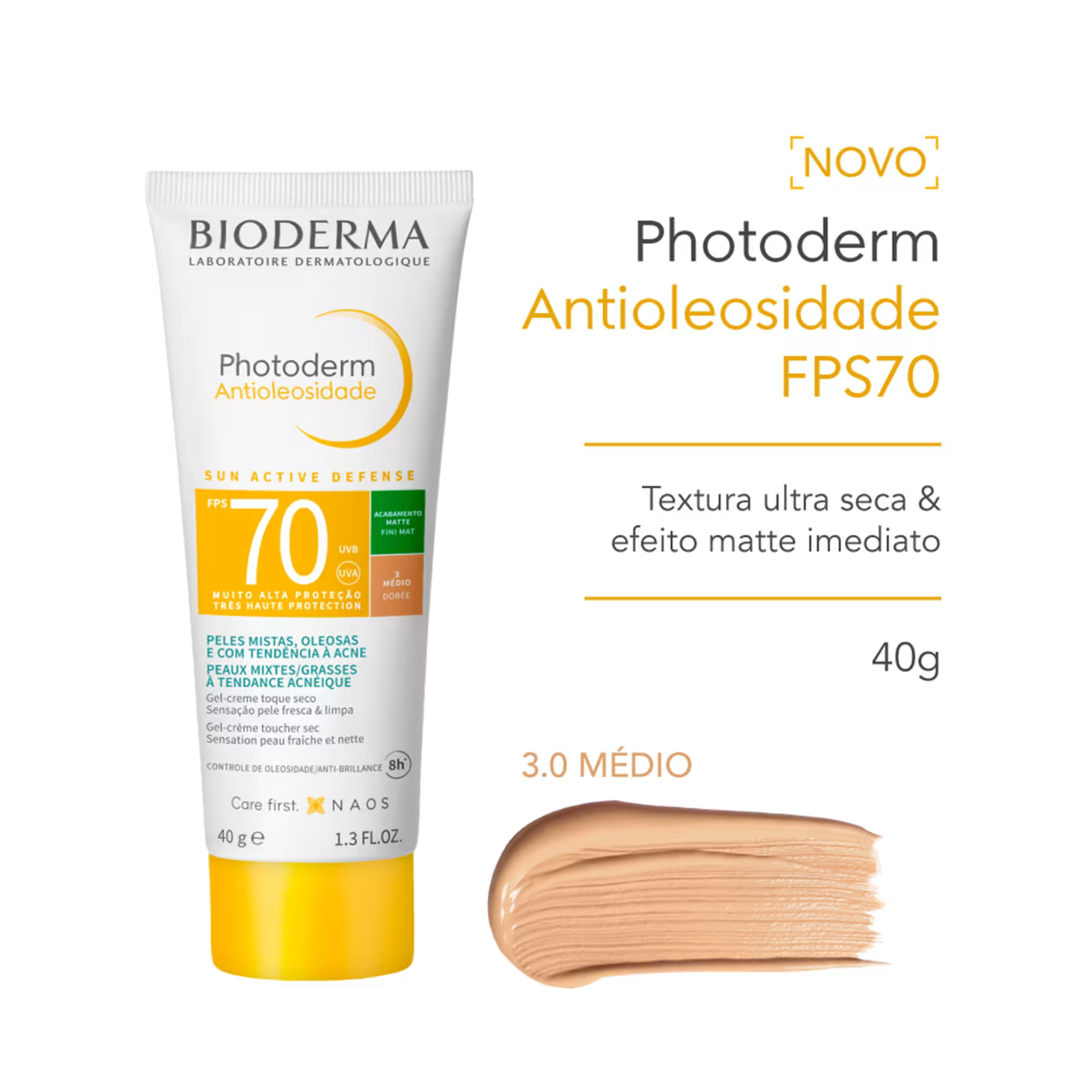Protetor Solar Facial Bioderma Photoderm Antioleosidade FPS 70 Com Cor Médio