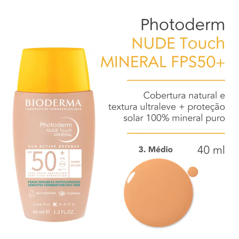 Protetor Solar Facial Bioderma Photoderm Nude Touch Mineral FPS50+ Cor Dourado 40ml