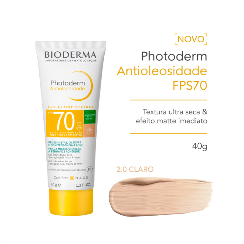 Protetor Solar Facial Bioderma Photoderm Antioleosidade FPS 70 Com Cor 40g